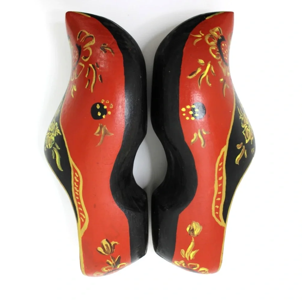 Vintage Hand Painted Wooden Clogs Dutch Holland Shoes Floral Folk Art 9